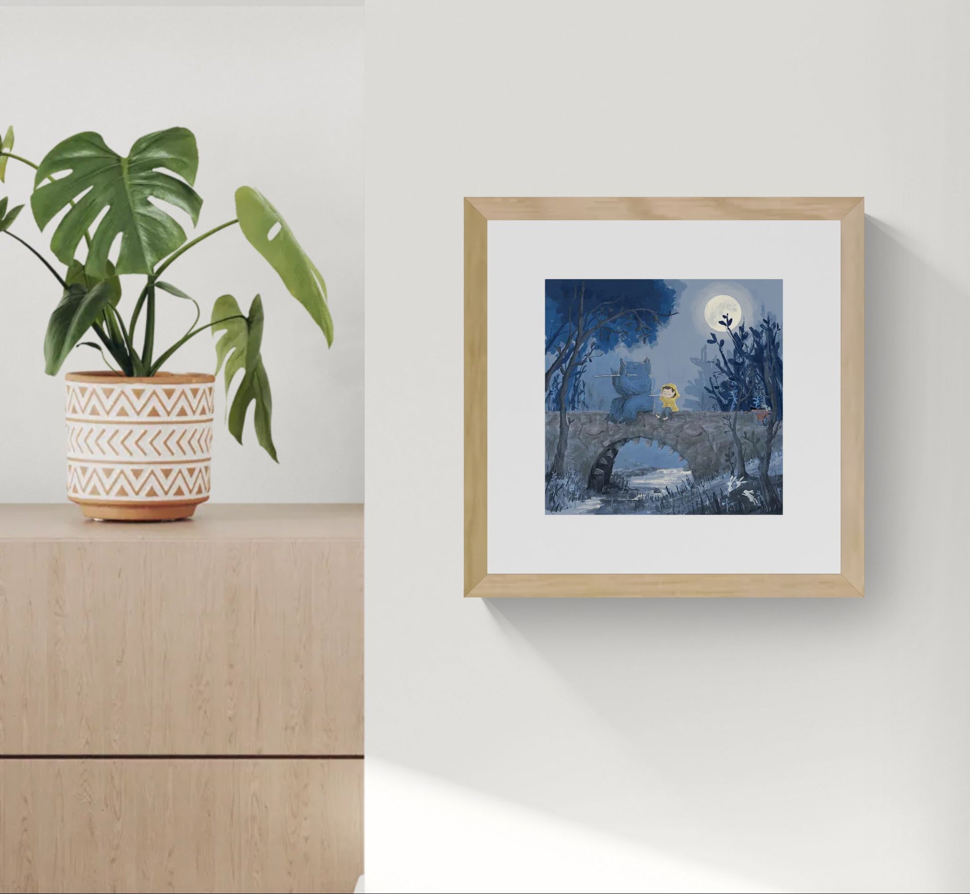 Dreamy giclée art print “Between the River and the Moon” by Willy Leung, 30x30 cm square wall art with soft colors and magical night atmosphere, contemporary illustration for modern home decor.