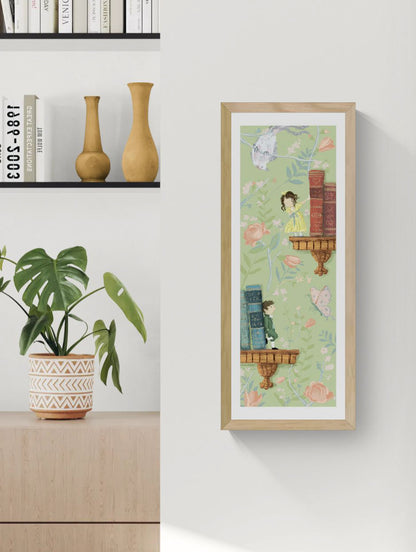Romance giclée art print by Willy Leung in vertical format featuring a poetic illustrated scene with books, flowers, and soft pastel tones, printed on fine art paper.