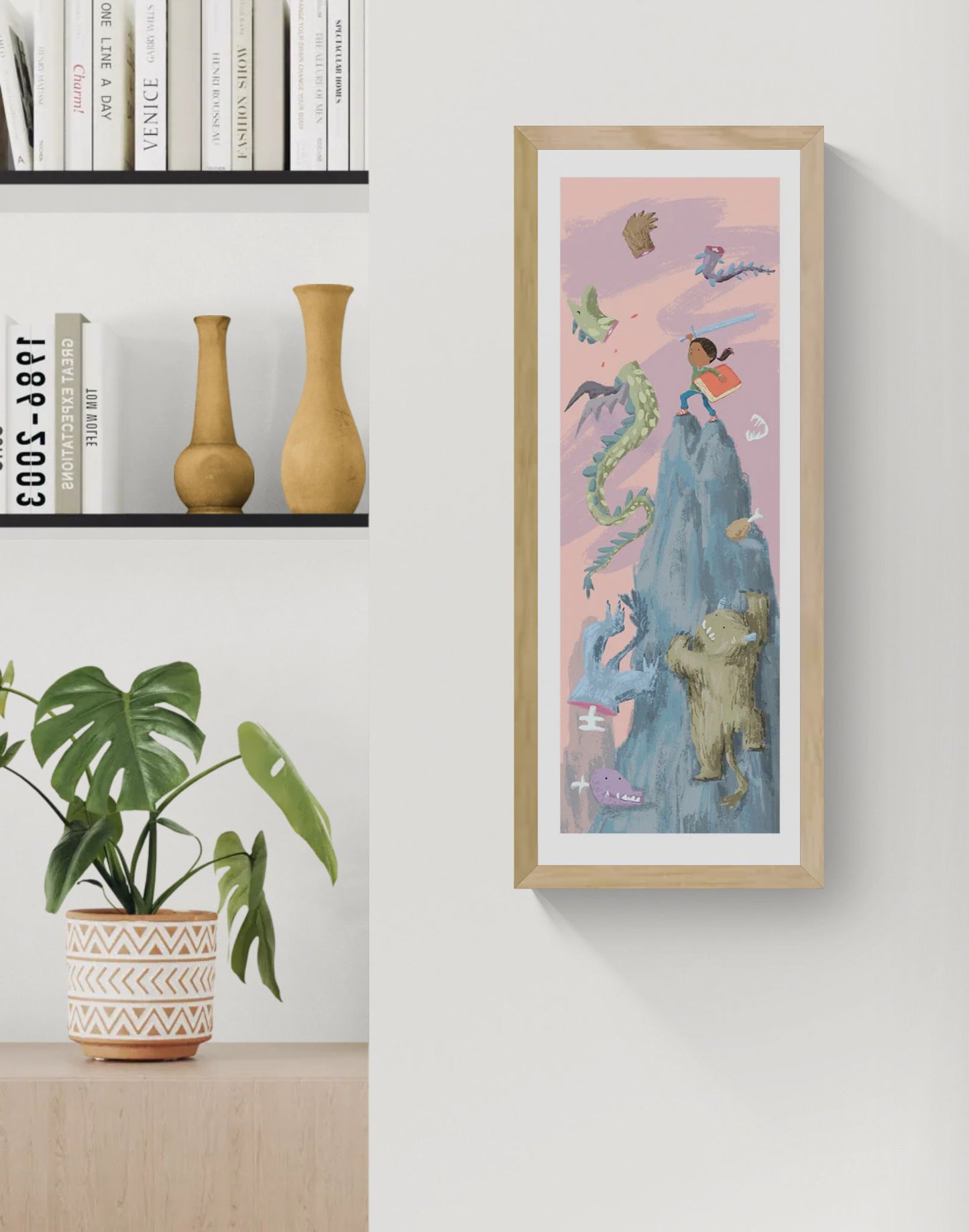 Fantasy giclée art print by Willy Leung in vertical format showing a whimsical fantasy scene with creatures and a child hero, printed on fine art paper.