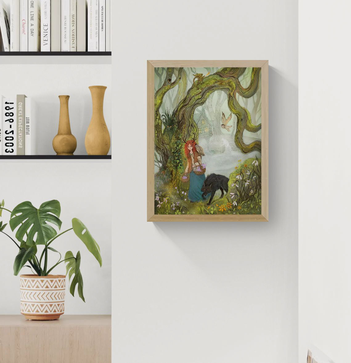 Whimsical folklore-inspired illustration featuring a red-haired witch walking through an enchanted forest with a black wolf, ancient trees, woodland spirits, owls, and a hidden cottage. Detailed fantasy giclée print in soft green and earthy tones, ideal for cozy home decor.