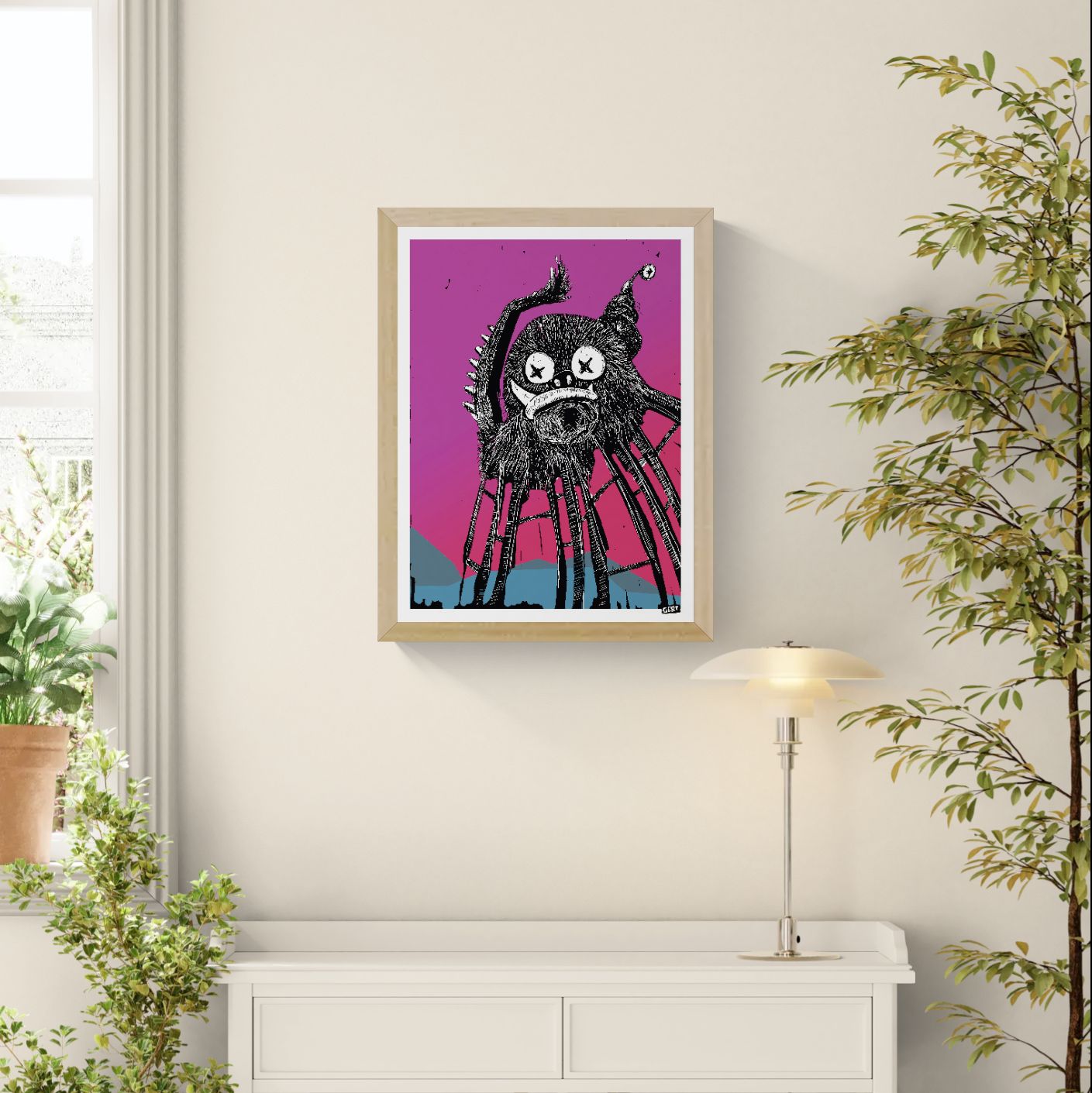 Stranger Thing by Gert Paenen, surreal digital art print featuring a strange black furry creature with long insect-like legs, sharp teeth, and oversized crossed-out eyes against a vibrant pink background, contemporary dark pop art illustration.