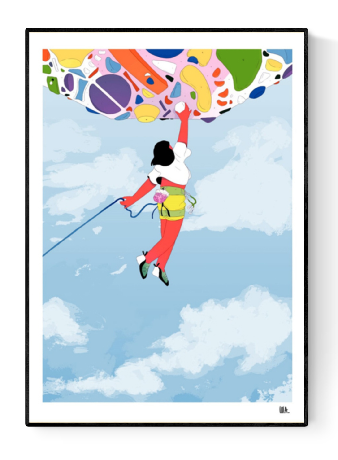 Colorful climbing art print "Devers" by Lola Pénicaud featuring a female climber scaling a vibrant bouldering wall against a bright blue sky – modern illustration perfect for sports and adventure decor. Available at Galerie Frits