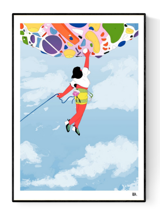 Colorful climbing art print "Devers" by Lola Pénicaud featuring a female climber scaling a vibrant bouldering wall against a bright blue sky – modern illustration perfect for sports and adventure decor. Available at Galerie Frits