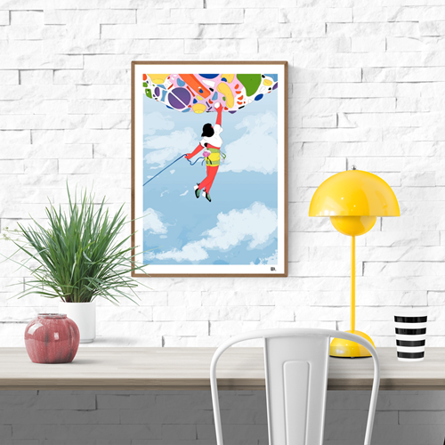 Colorful climbing art print "Devers" by Lola Pénicaud featuring a female climber scaling a vibrant bouldering wall against a bright blue sky – modern illustration perfect for sports and adventure decor. Available at Galerie Frits