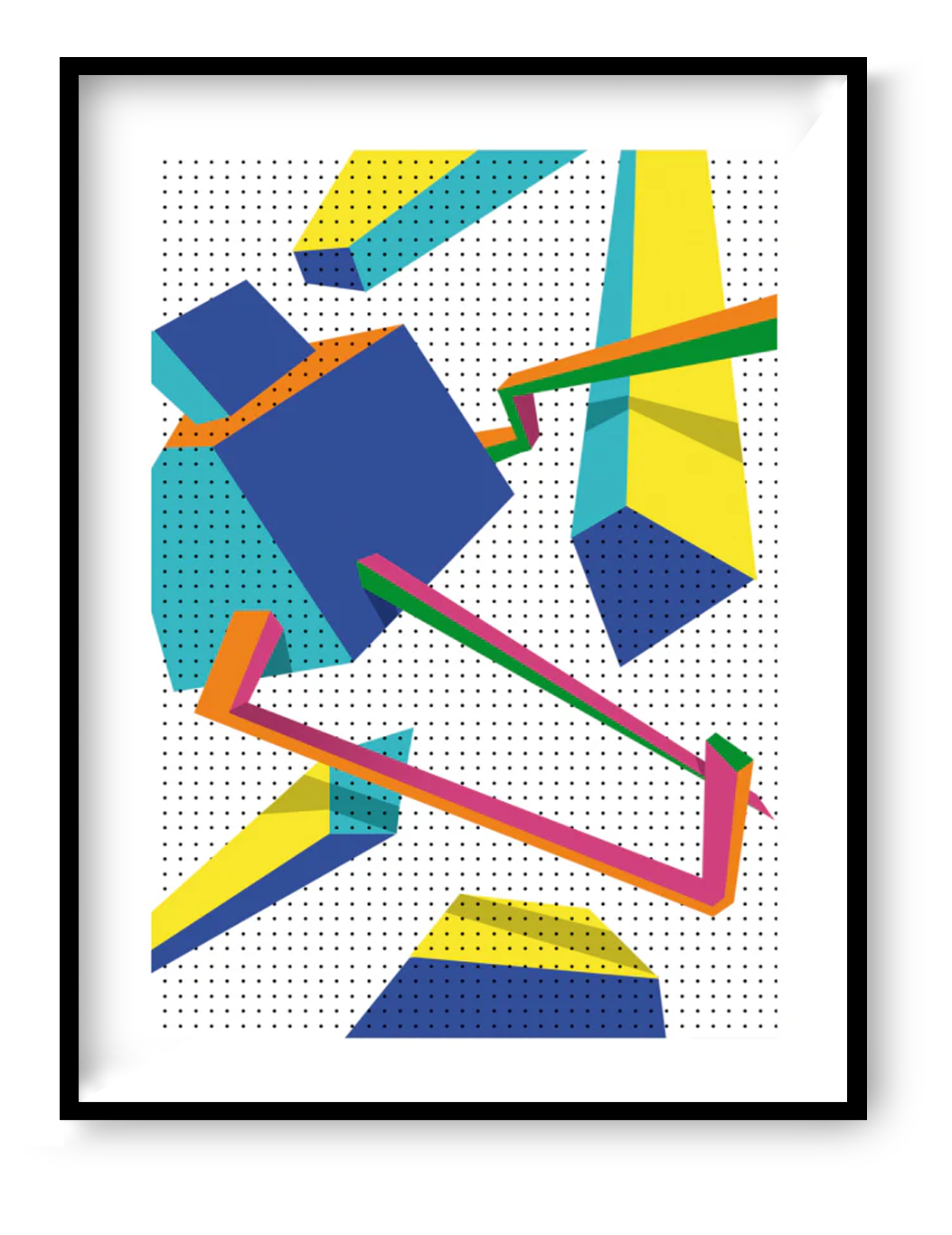 Abstract geometric London art print by Studio Frits featuring bold blue, yellow and teal shapes with pink and orange graphic lines, modern 30x40 cm giclée wall art for contemporary interior design.