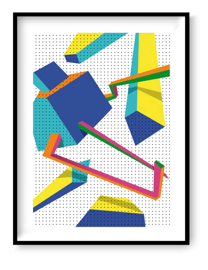 Abstract geometric London art print by Studio Frits featuring bold blue, yellow and teal shapes with pink and orange graphic lines, modern 30x40 cm giclée wall art for contemporary interior design.