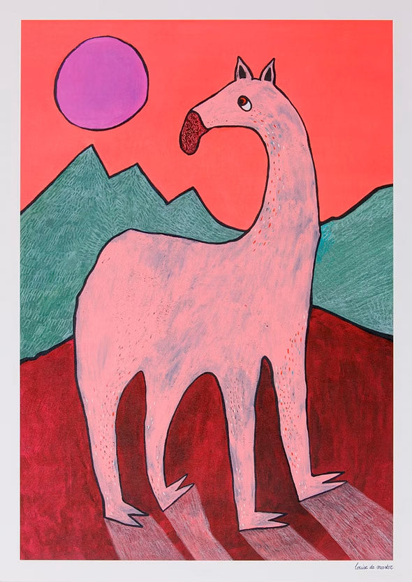 Playful and surreal illustration titled 'Beest 1' by Louise de Meester, featuring a quirky pink creature with an elongated neck set against bold red mountains, green hills, and a purple sun – a whimsical and bold art print for contemporary interiors