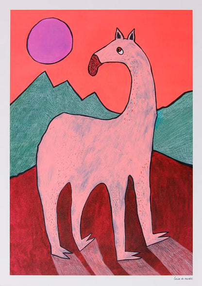 Playful and surreal illustration titled 'Beest 1' by Louise de Meester, featuring a quirky pink creature with an elongated neck set against bold red mountains, green hills, and a purple sun – a whimsical and bold art print for contemporary interiors
