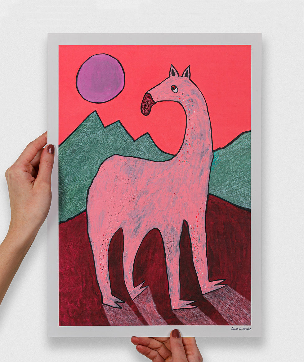 Playful and surreal illustration titled 'Beest 1' by Louise de Meester, featuring a quirky pink creature with an elongated neck set against bold red mountains, green hills, and a purple sun – a whimsical and bold art print for contemporary interiors