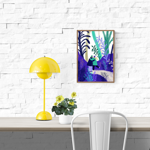 Colourful digital art print by Belgian illustrator Louise de Meester, featuring two people hugging in a dreamy, lush forest setting with purple and green foliage – 21x29.7 cm, perfect for adding warmth and love to your home.