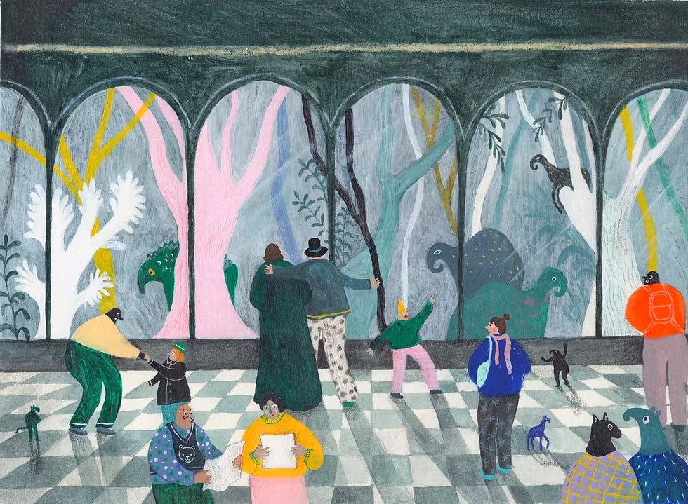 Colorful A4 art print titled "De bewonering" by Belgian illustrator Louise de Meester, depicting people and animals admiring each other through arches with surreal forest creatures in the background, printed on premium paper and made in Belgium.