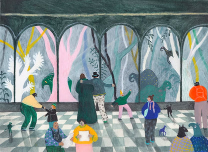 Colorful A4 art print titled "De bewonering" by Belgian illustrator Louise de Meester, depicting people and animals admiring each other through arches with surreal forest creatures in the background, printed on premium paper and made in Belgium.