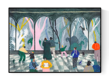 Colorful A4 art print titled "De bewonering" by Belgian illustrator Louise de Meester, depicting people and animals admiring each other through arches with surreal forest creatures in the background, printed on premium paper and made in Belgium.