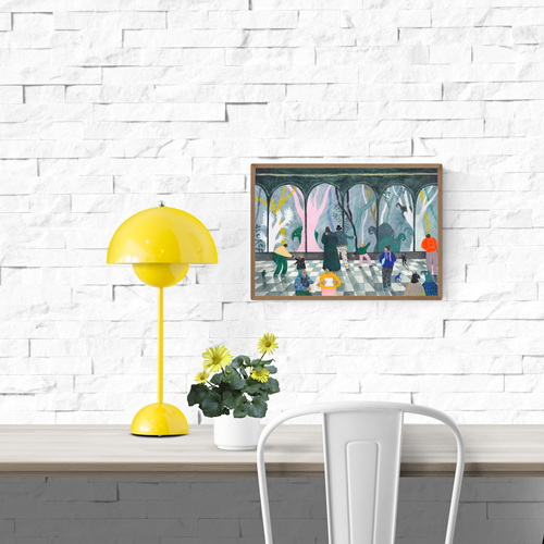 Colorful A4 art print titled "De bewonering" by Belgian illustrator Louise de Meester, depicting people and animals admiring each other through arches with surreal forest creatures in the background, printed on premium paper and made in Belgium.