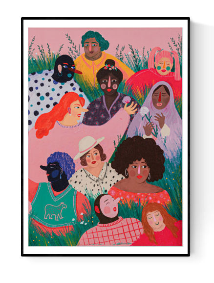 Digital art print "Girl Power" by Belgian illustrator Louise de Meester, featuring a diverse group of women in bright, expressive colors, symbolizing empowerment, unity, and friendship. Perfect for colorful interiors and feminist art collections.