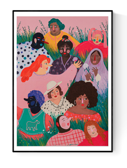 Digital art print "Girl Power" by Belgian illustrator Louise de Meester, featuring a diverse group of women in bright, expressive colors, symbolizing empowerment, unity, and friendship. Perfect for colorful interiors and feminist art collections.