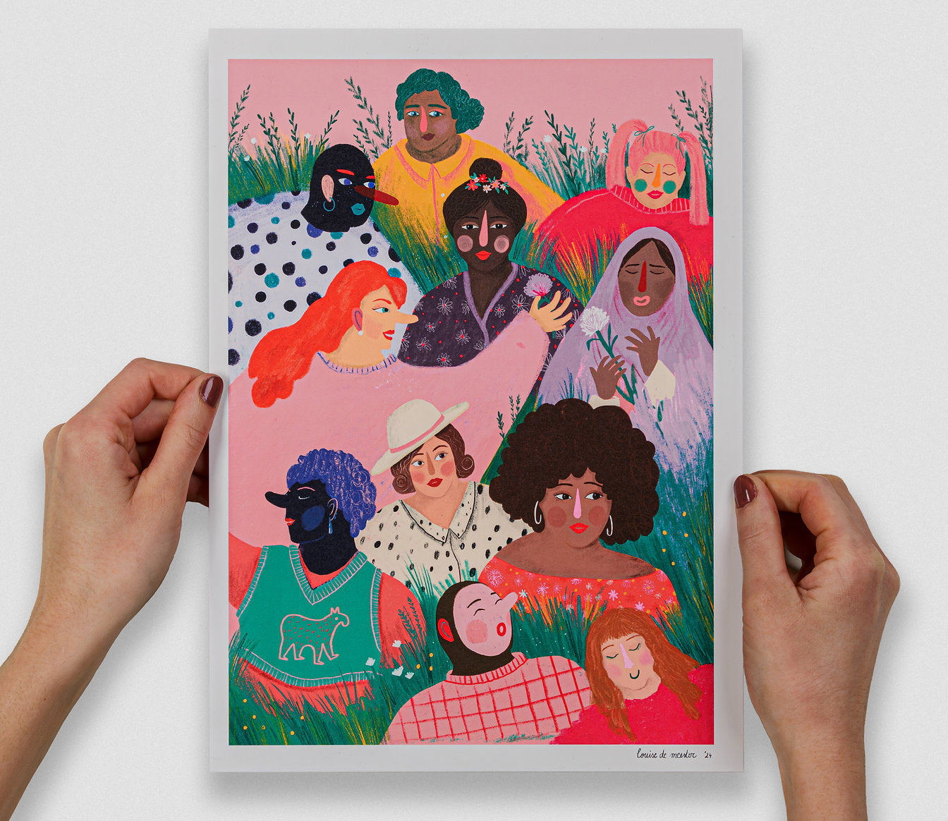 Digital art print "Girl Power" by Belgian illustrator Louise de Meester, featuring a diverse group of women in bright, expressive colors, symbolizing empowerment, unity, and friendship. Perfect for colorful interiors and feminist art collections.