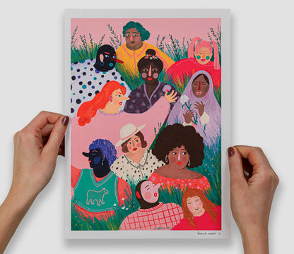 Digital art print "Girl Power" by Belgian illustrator Louise de Meester, featuring a diverse group of women in bright, expressive colors, symbolizing empowerment, unity, and friendship. Perfect for colorful interiors and feminist art collections.