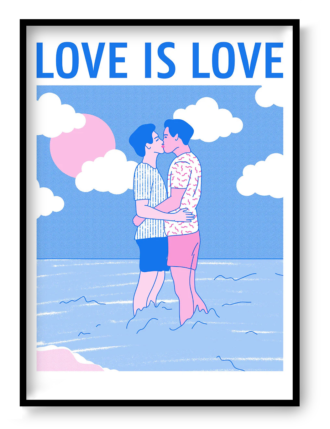 Love is Love risograph art print by Studio Stoutpoep featuring two men embracing in the sea under a pastel sky, bold LGBTQ wall art in A3 size for modern home decor