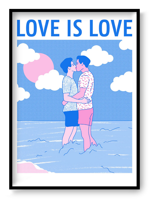 Love is Love risograph art print by Studio Stoutpoep featuring two men embracing in the sea under a pastel sky, bold LGBTQ wall art in A3 size for modern home decor