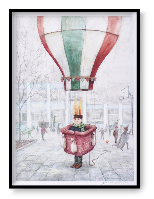 Luchtballon art print by Stien van Kerckhoven, A4 digital illustration of a child standing in a hot air balloon basket in a playground, whimsical storytelling wall art for kids room and modern home decor.