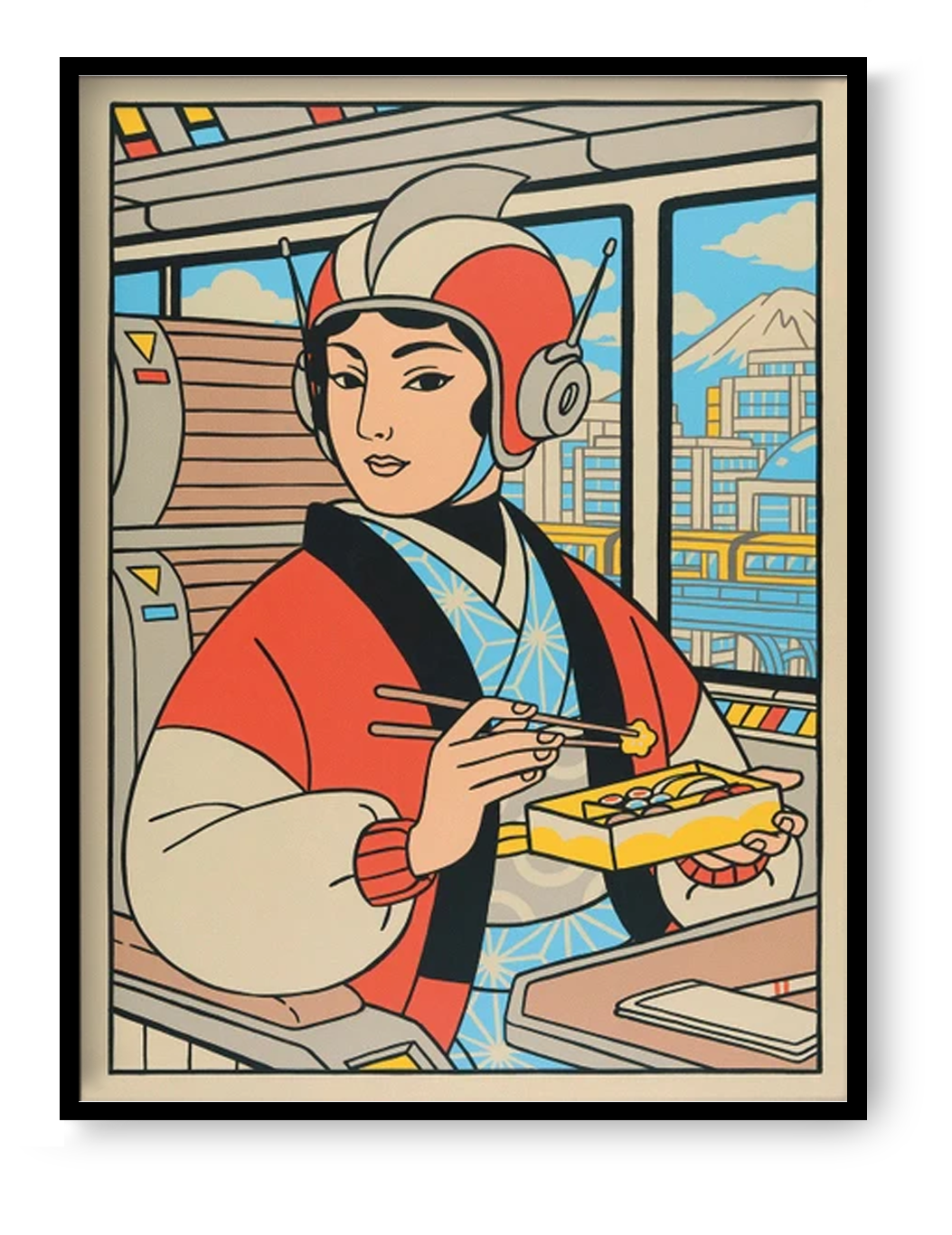 Japanese-inspired illustration of a woman in a kimono eating sushi on a futuristic train with Mount Fuji visible through the window, colorful pop-art style by Yeaaah! Studio, 30x40 cm wall art print.