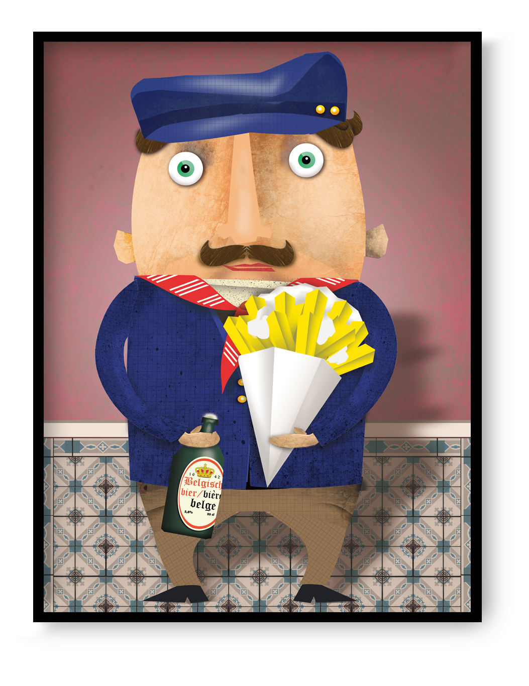 Colorful Belgian character illustration art print showing a stylized man holding fries and Belgian beer, playful graphic design by Studio Frits with vintage tile background.