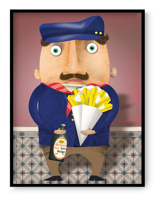 Colorful Belgian character illustration art print showing a stylized man holding fries and Belgian beer, playful graphic design by Studio Frits with vintage tile background.