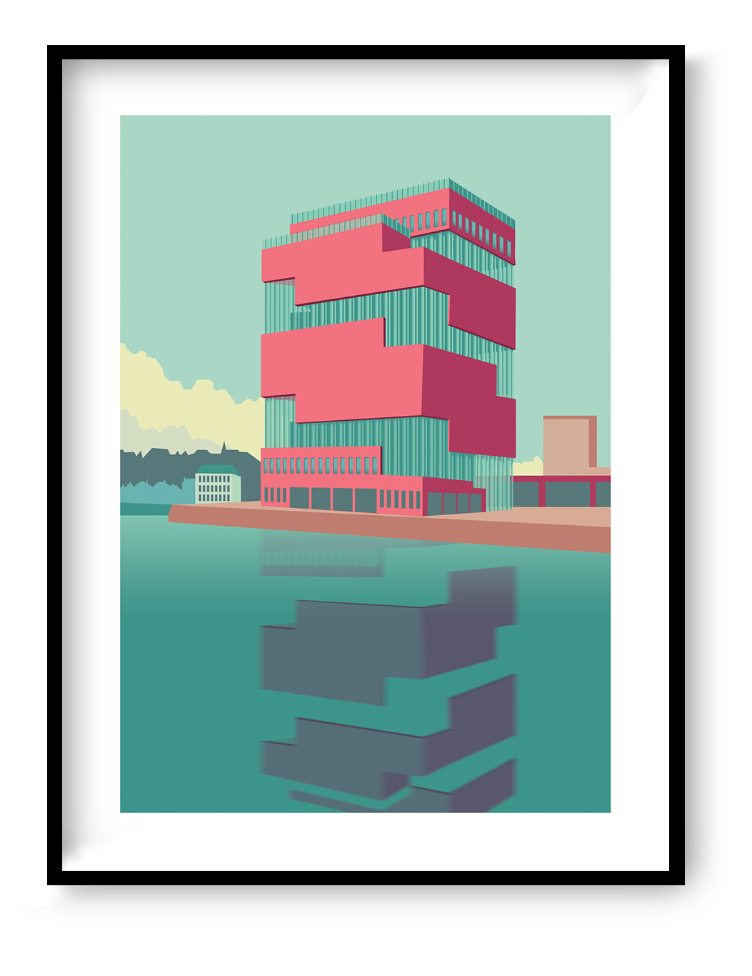 Architectural illustration art print MAS Antwerp by Studio Frits showing the iconic MAS museum building reflected in calm turquoise water.