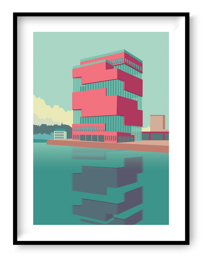 Architectural illustration art print MAS Antwerp by Studio Frits showing the iconic MAS museum building reflected in calm turquoise water.