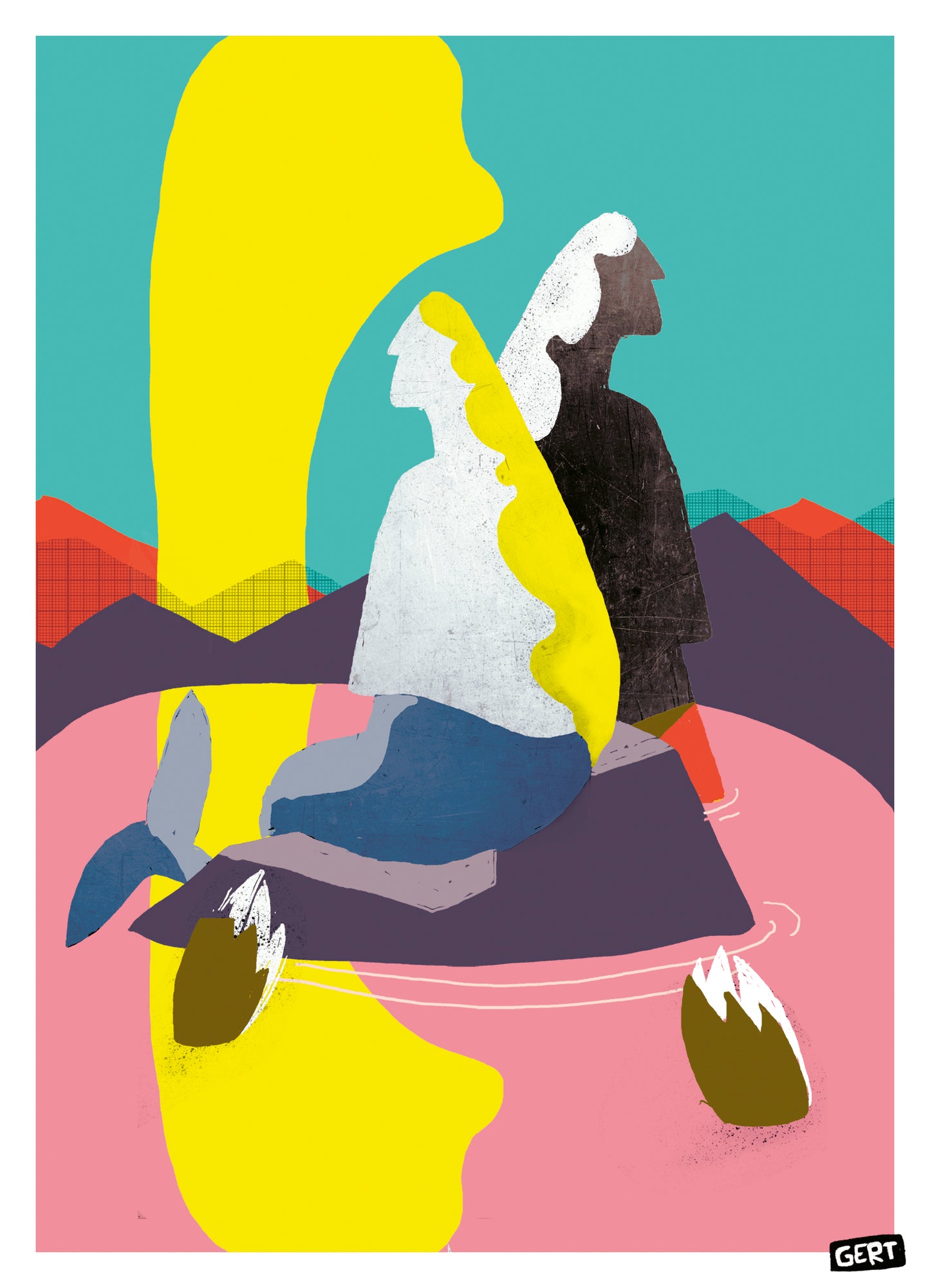 Mermaids 3 by Gert Paenen, colorful digital art print featuring abstract mermaid figures in a dreamlike landscape with bold yellow, turquoise, pink, purple, and coral tones, contemporary Belgian illustration for modern wall decor.