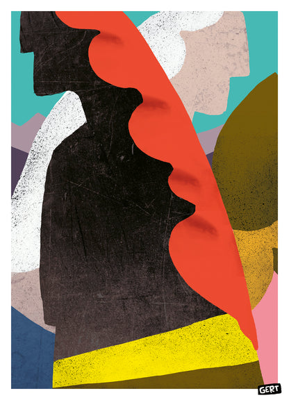 Mermaids 4 by Gert Paenen, colorful abstract digital art print featuring stylized mermaid-inspired forms in bold coral red, black, yellow, turquoise, and pastel tones, contemporary modern wall art for creative interiors and gallery walls.