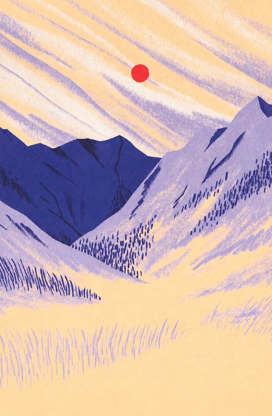 Vertical giclée art print of a peaceful mountain meadow by Linde Raats, featuring layered purple peaks, textured cream slopes and a bright red sun, ideal for modern bedroom or living room wall decor.