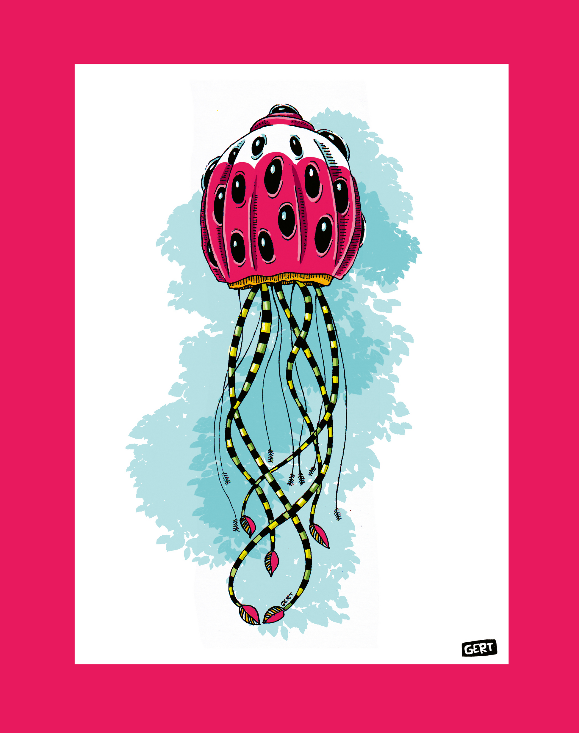 Monster 1 by Gert Paenen digital art print featuring a whimsical pink creature with multiple eyes, long striped tentacles, and surreal organic details, contemporary Belgian illustration for colorful modern wall decor.