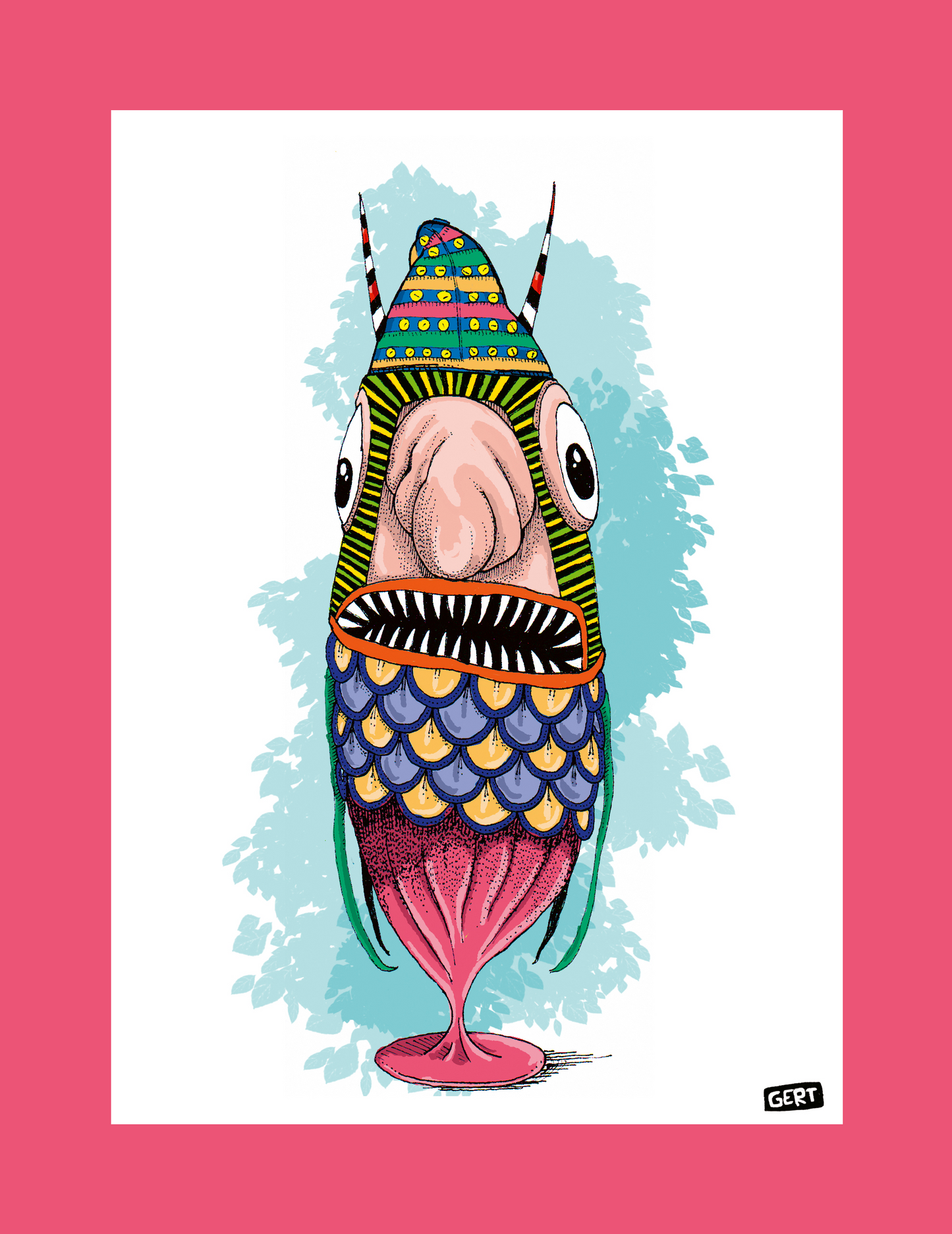 Monster 3 by Gert Paenen, colorful digital art print featuring a whimsical fantasy creature with large eyes, patterned scales, vibrant textures, and playful contemporary illustration style on premium 300 g/m² paper.