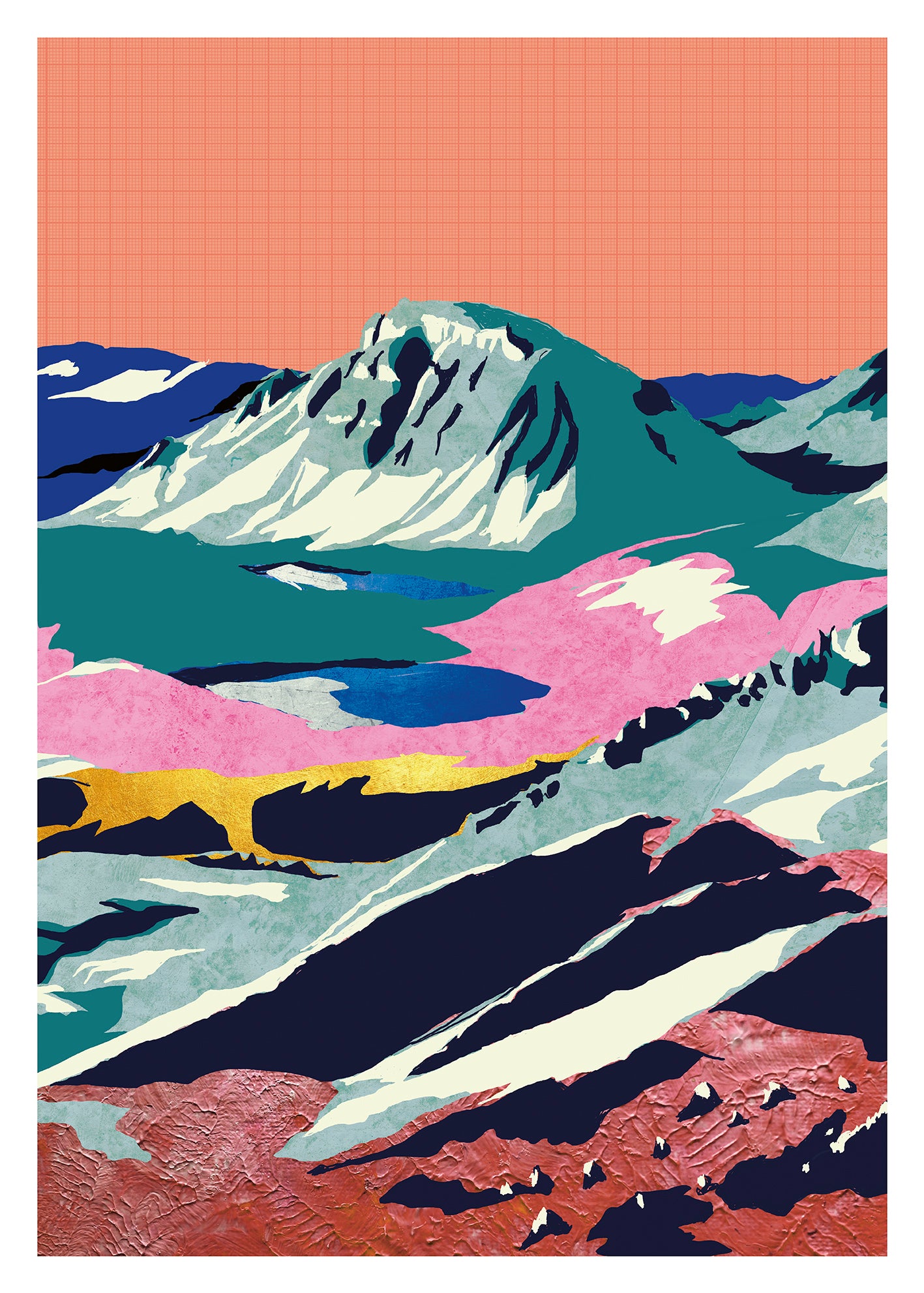 Large contemporary digital collage art print inspired by the Swiss Alps, featuring layered mountain landscapes, vibrant colors, textured surfaces, and abstract forms by Belgian illustrator Gert Paenen.