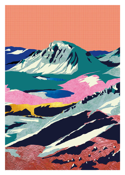 Large contemporary digital collage art print inspired by the Swiss Alps, featuring layered mountain landscapes, vibrant colors, textured surfaces, and abstract forms by Belgian illustrator Gert Paenen.