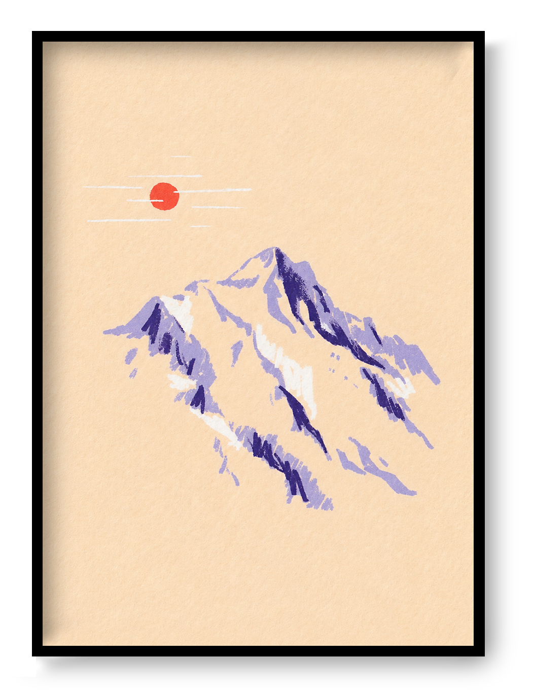Mountain Sketch by Linde Raats, a vertical A6 giclée print of purple mountain peaks beneath a small red sun on textured cream paper, ideal for calm modern wall decor.