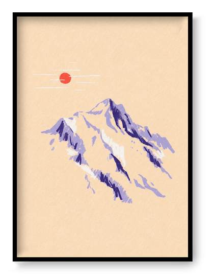 Mountain Sketch by Linde Raats, a vertical A6 giclée print of purple mountain peaks beneath a small red sun on textured cream paper, ideal for calm modern wall decor.