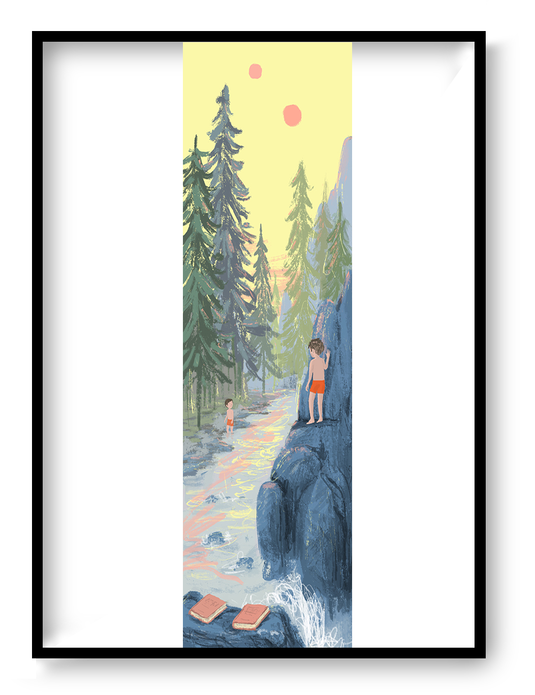 Magic Realism giclée art print by Willy Leung in vertical format showing a forest river scene with children and a dreamlike atmosphere, printed on fine art paper.