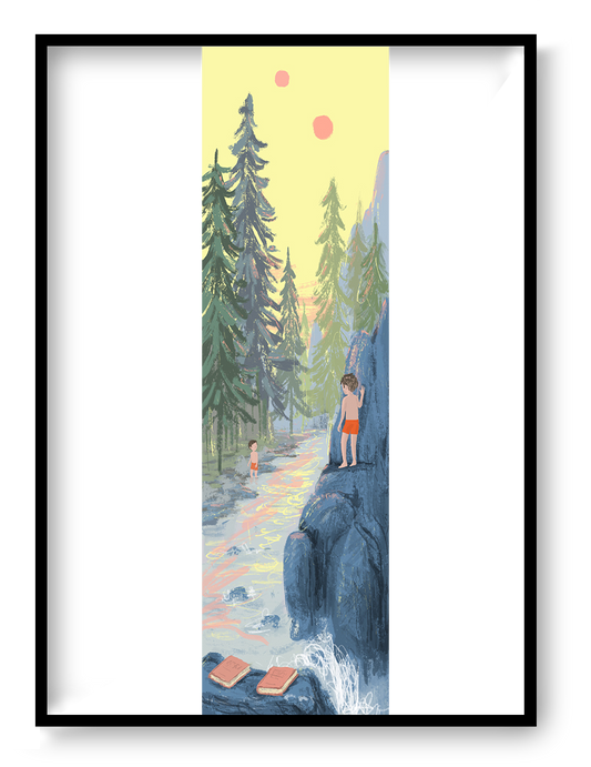 Magic Realism giclée art print by Willy Leung in vertical format showing a forest river scene with children and a dreamlike atmosphere, printed on fine art paper.