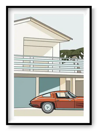 Minimalist mid-century modern house illustration with vintage red sports car, Malibu California inspired retro architecture art print by Floor 4 Productions.