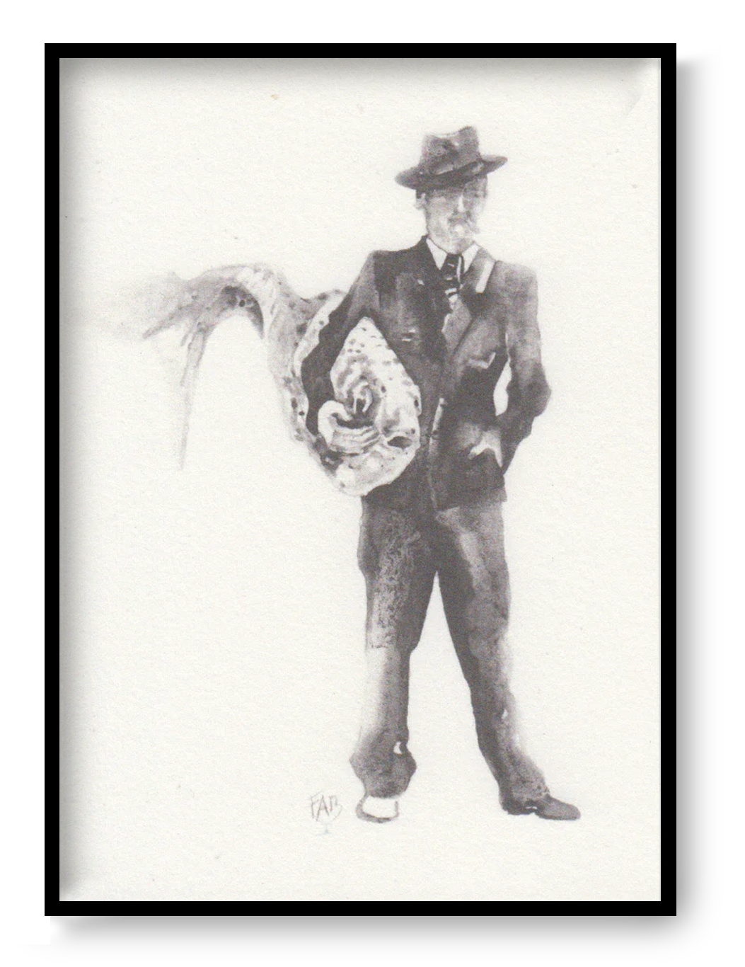 Surreal monochrome illustration art print "Man with Fish" by Belgian artist FAB (Fabienne Verhulsel), showing a suited man holding a large fish, poetic contemporary wall art drawing.