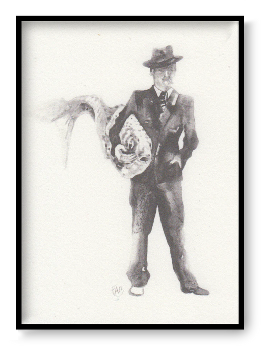 Surreal monochrome illustration art print "Man with Fish" by Belgian artist FAB (Fabienne Verhulsel), showing a suited man holding a large fish, poetic contemporary wall art drawing.