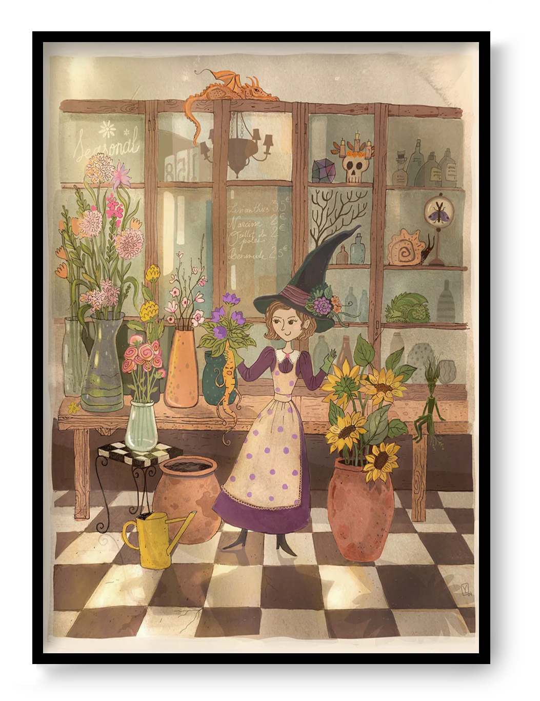 Fantasy illustration art print "Mandrake" by Lena Yampolski featuring a whimsical witch in a botanical apothecary filled with plants, potions, and magical folklore details.