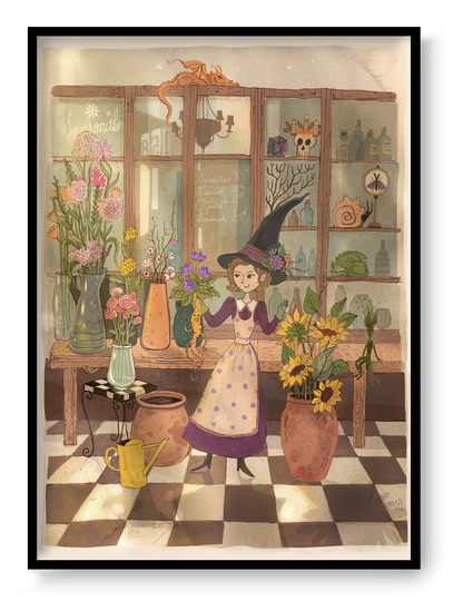 Fantasy illustration art print "Mandrake" by Lena Yampolski featuring a whimsical witch in a botanical apothecary filled with plants, potions, and magical folklore details.