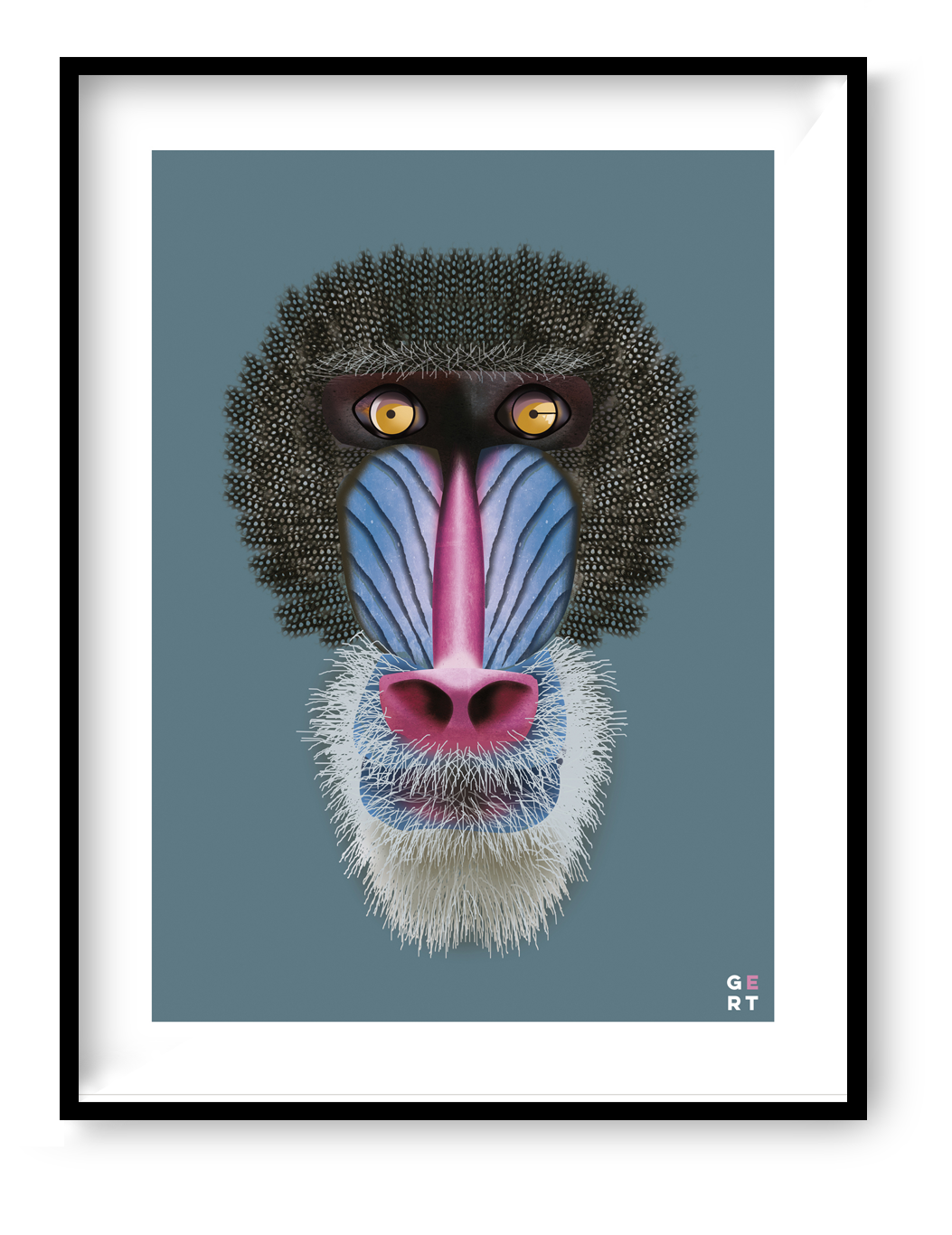 Colorful mandrill monkey portrait illustration art print by Studio Frits (Gert Paenen), modern wildlife wall art with vibrant blue and pink tones.