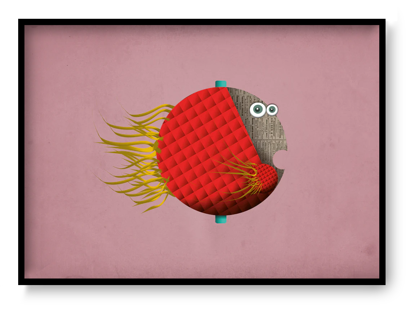 Playful fish illustration art print Manuel Pescado by Studio Frits featuring a red textured fish with expressive eyes on a pink background.