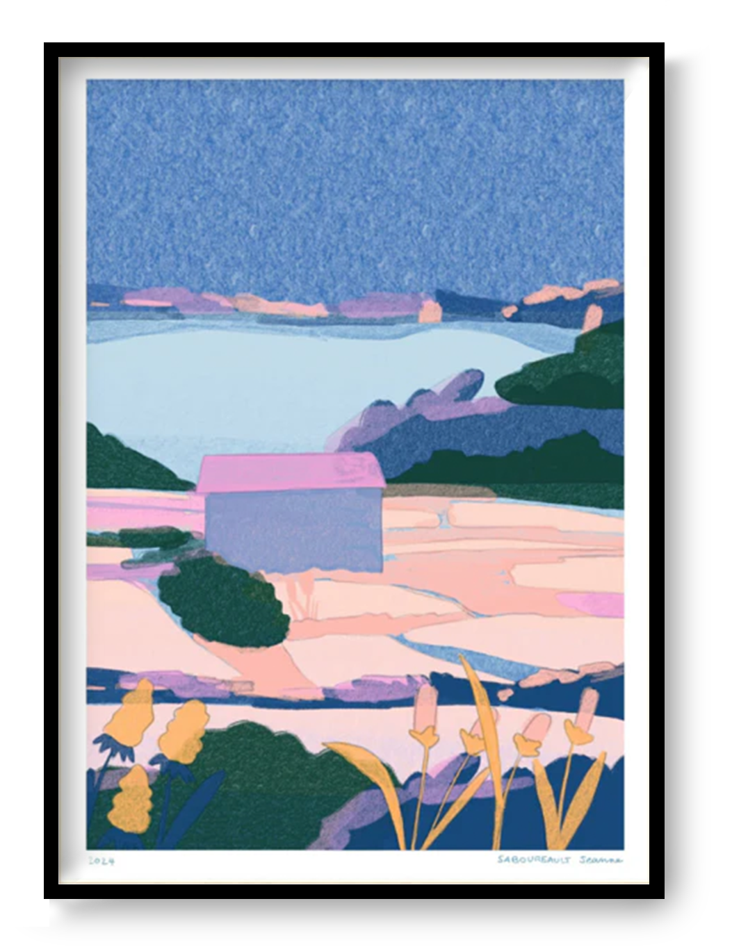 Pastel risograph landscape art print "Marais Salants" by Jeanne Saboureault showing minimalist French salt marsh scenery in soft pink, blue and green tones.