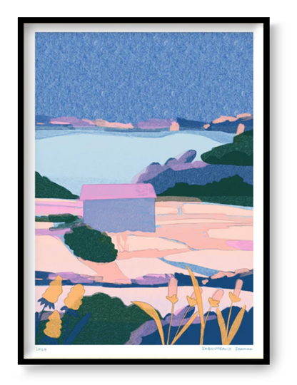 Pastel risograph landscape art print "Marais Salants" by Jeanne Saboureault showing minimalist French salt marsh scenery in soft pink, blue and green tones.
